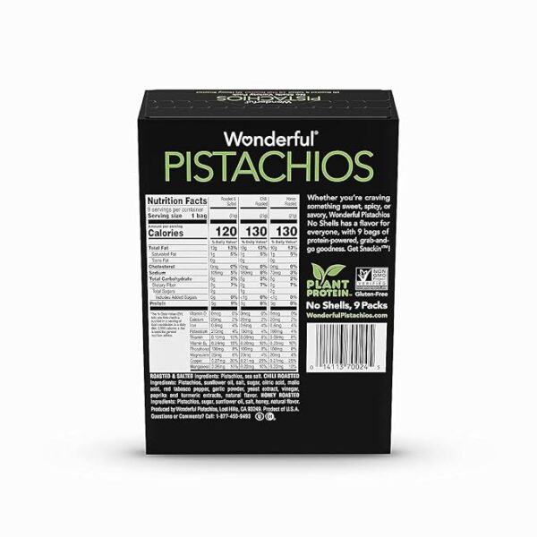 Wonderful Pistachios No Shells, 3 Flavors Mixed Variety Pack of 9 (0.75 Ounce), Roasted & Salted Nuts (4), Chili Roasted (3), Honey Roasted (2), Protein Snacks, On-the-Go, Individually Wrapped Healthy Snacks - Image 3