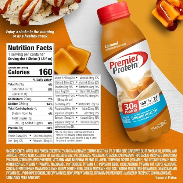 Premier Protein Liquid Protein Shake, Caramel, 30g Protein, 1g Sugar, 24 Vitamins & Minerals, Nutrients to Support Immune Health 11.5 fl oz Bottle (12 Pack) - Image 3