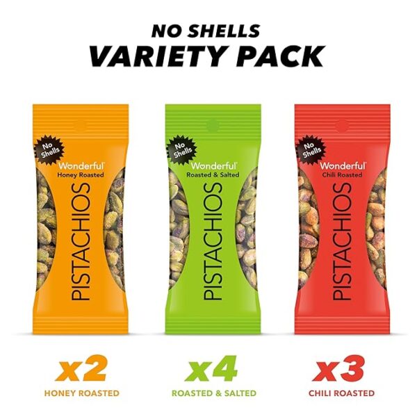 Wonderful Pistachios No Shells, 3 Flavors Mixed Variety Pack of 9 (0.75 Ounce), Roasted & Salted Nuts (4), Chili Roasted (3), Honey Roasted (2), Protein Snacks, On-the-Go, Individually Wrapped Healthy Snacks - Image 2