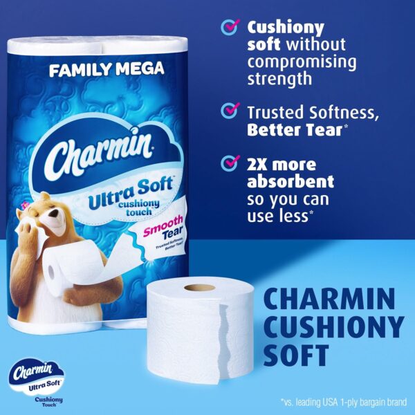 Charmin Ultra Soft Cushiony Touch Toilet Paper, 24 Family Mega Rolls = 123 Regular Rolls - Image 2