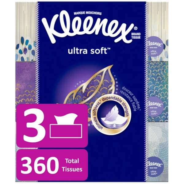 Kleenex Ultra Soft Facial Tissues, 3 Flat Boxes, 120 Tissues per Box, 3-Ply (360 Total Tissues), Packaging May Vary