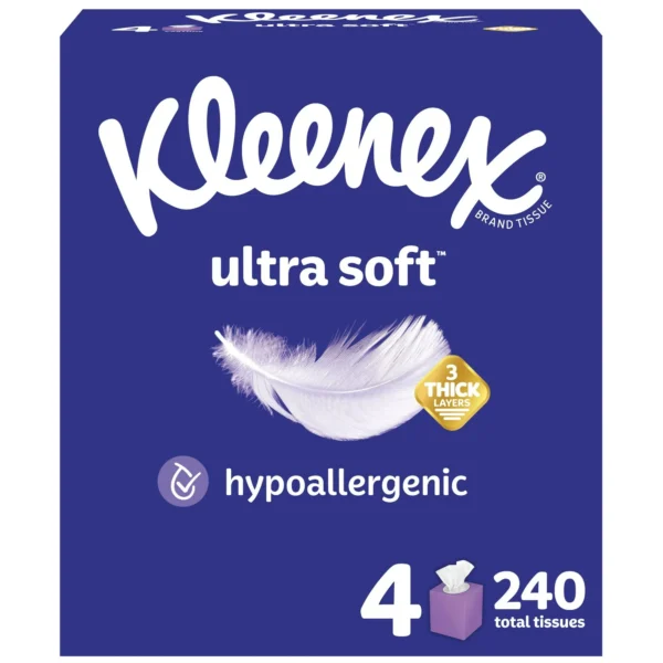 Kleenex Ultra Soft Facial Tissues, 4 Cube Boxes, 60 Tissues per Box, 3-Ply (240 Total Tissues), Packaging May Vary