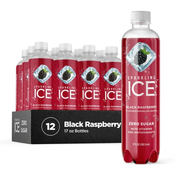 Sparkling Ice, Black Raspberry Sparkling Water, Zero Sugar Flavored Water, with Vitamins and Antioxidants, Low Calorie Beverage, 17 fl oz Bottles (Pack of 12)