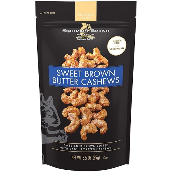 Squirrel Brand Sweet Brown Butter Cashews, 3.5 Ounces Resealable Bag, Gluten Free, Vegetarian