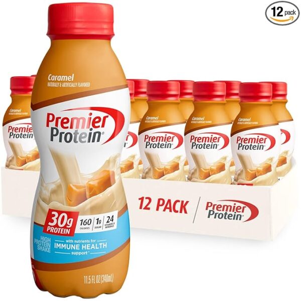 Premier Protein Liquid Protein Shake, Caramel, 30g Protein, 1g Sugar, 24 Vitamins & Minerals, Nutrients to Support Immune Health 11.5 fl oz Bottle (12 Pack)