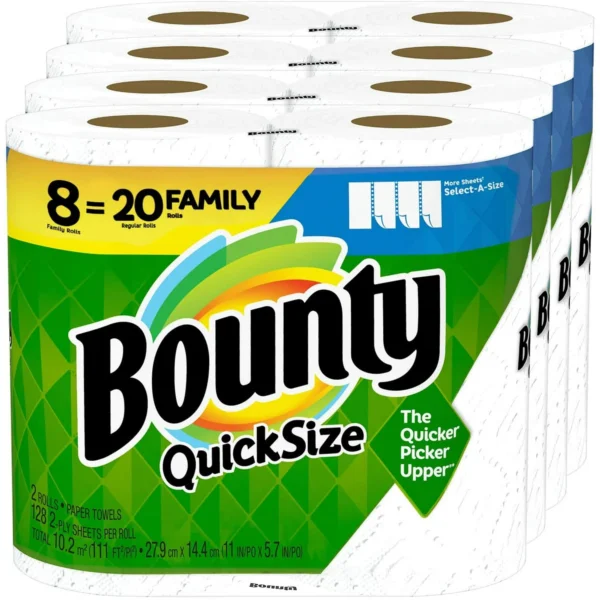 Bounty Quick Size Paper Towels, White, 8 Family Rolls = 20 Regular Rolls